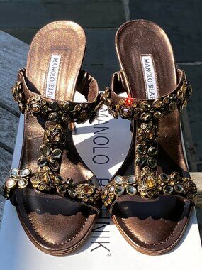 MANOLO BLAHNIK✨Jeweled Leather High Heel Sandals Size 37.5